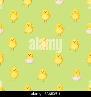 Vector seamless pattern with cute yellow Easter chickens on a green background. Stock Vector