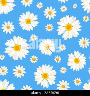 Vector seamless pattern with white daisy flowers on a blue background. Stock Vector