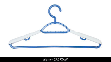 Blue plastic clothes hanger isolated on a white background. Stock Photo