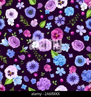 Vector seamless pattern with blue and purple pansies, cornflowers, lisianthuses, bluebells and hydrangea flowers. Stock Vector