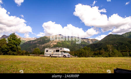 Motorhome in Chilean Argentine mountain Andes. Family trip travel vacation on Motorhome RV in Andes.