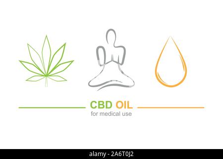 cbd oil for medical use concept with cannabis leaf yoga and oil drop vector illustration EPS10 Stock Vector
