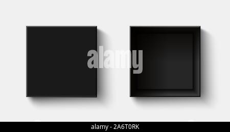 White square box top view. Open and close gift boxes. Container mockup. Realistic paper shoebox. Empty carton package. present wrap. Stock Photo