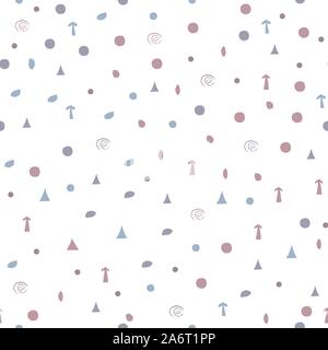 Geometric Seamless Pattern with tiny objects like triangles, polygons, arrows and balls on white. Modern Pastel Color Design. Repeating Pattern. Vecto Stock Vector