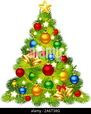 Vector Christmas tree decorated with colorful balls, bells and shining stars isolated on a white background. Stock Vector