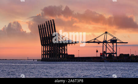 Container terminal at red colored sunset in Port of Antwerp, Belgium Stock Photo