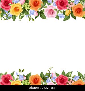 Vector horizontal seamless background with red, pink, orange and yellow roses, blue freesia flowers and green leaves on a white background. Stock Vector
