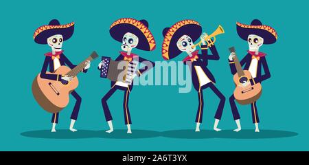 dia de los muertos card with mariachis skulls playing instruments Stock Vector