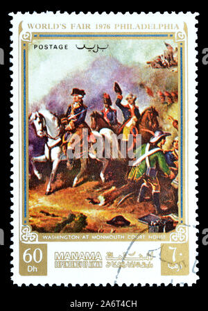 Cancelled postage stamp printed by Manama, that shows Painting George Washington at Monmouth Court House, circa 1976. Stock Photo