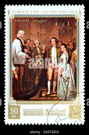 Cancelled postage stamp printed by Manama, that shows Painting Wedding of Martha and George Washington, circa 1976. Stock Photo