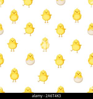 Vector seamless pattern with cute yellow Easter chickens on a white background. Stock Vector