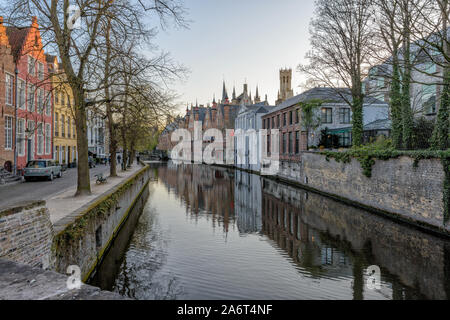 Canal view of the historic city center of Bruges Belgium. Stock Photo