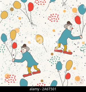 Hand Drawn Seamless Pattern with clown and balloons.Great for wedding cards, postcards, t-shirts, bridal invitations, brochures, posters, gift wrappin Stock Vector