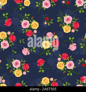 Vector seamless pattern with red, pink and yellow roses on a dark blue background. Stock Vector