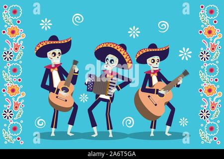 dia de los muertos card with mariachis skulls playing instruments Stock Vector