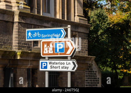 Signs in Chelmsford, Essex, UK. Waterloo Lane short stay car park and parking for Chelmsford Cathedral. Cycle route to Springfield. Directions Stock Photo