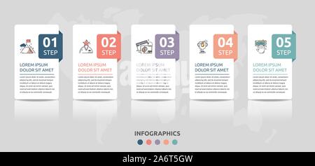 Vector infographic flat template. Rectangles for five diagrams, graph, flowchart, timeline, marketing, presentation. Business concept with 5 labels Stock Vector