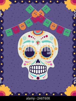 dia de los muertos card with head skull and garlands Stock Vector