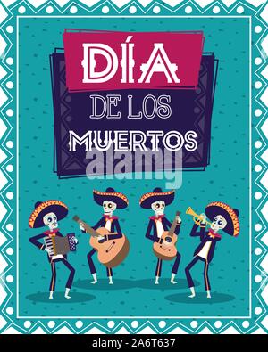 dia de los muertos card with mariachis skulls playing instruments Stock Vector