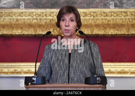 French Ambassador Catherine Colonna, speaks during a medal presentation ceremony for the 6000th recipient of the Legion d'honneur, World War II veteran Geoffrey Pidgeon, awarded to him for his role in the liberation of France during World War II, at Lancaster House in London. PA Photo. Picture date: Monday October 28, 2019. See PA story DEFENCE Medal. Photo credit should read: Kirsty O'Connor/PA Wire Stock Photo