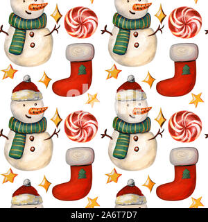 Christmas seamless pattern with a snowman. New year illustration with red sock, candy and stars on a white background. Stock Photo