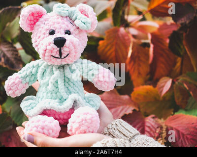 Pretty, young woman holding a stuffed toy in the background of yellow foliage. Close-up, outside Stock Photo