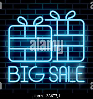 big sale lettering neon label with gifts Stock Vector