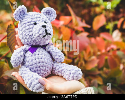 Pretty, young woman holding a stuffed toy in the background of yellow foliage. Close-up, outside Stock Photo