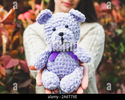 Pretty, young woman holding a stuffed toy in the background of yellow foliage. Close-up, outside Stock Photo