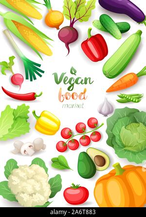 Vegetables top view frame. Vegan food market vertical poster design. Colorful fresh vegetables, organic healthy food, vector illustration. Stock Vector