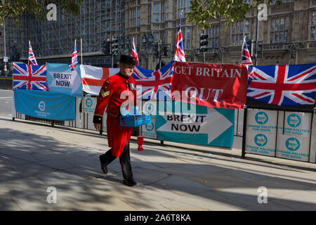 On the day that the EU in Brussels agreed in principle to extend Brexit until 31st January 2020 (aka 'Flextension') and not 31st October 2019, a Chelsea Pensioner selling Remembrance poppies, walks past Brexit Party flags and banners during a Brexit protest outside parliament, on 28th October 2019, in Westminster, London, England. Stock Photo