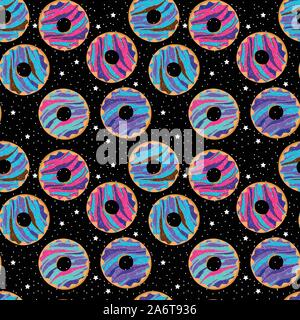 Seamless Vector Background with Galaxy Donuts and Stars Stock Vector