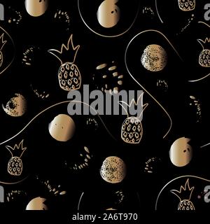 Seamless Pattern with golden dots, paint splashes, curves, circles, ink brush, etc. Hand Drawn Design. Great for wall art design, gift paper, wrapping Stock Vector