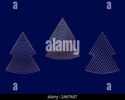 Set of linear graphic stylized Christmas trees on dark blue Stock Vector