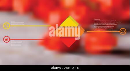 3D illustration infographic template. The embossed rhomb is horizontally divided to three color parts. Object is on blurred photo. Lines with signs in Stock Vector