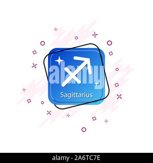 Blue button with Sagittarius zodiac sign symbol, flat design Stock Vector