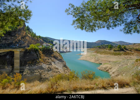 Late summer low water levels. Iznajar Reservoir, Andalucia. Spain Stock Photo