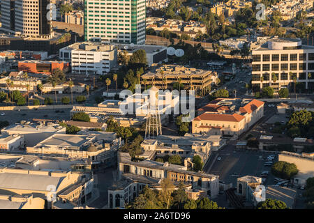 Burbank, California, USA - October 25, 2019:  Early morning aerial view of Burbank Media District architecture and outdoor sets at Warner Bros studio Stock Photo
