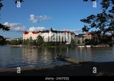Picturesque view of residential Siltasaari district Jugend (Art Nouveau) buildings. Viewed over Kaisaniemi Bay in Helsinki, Finland. Stock Photo