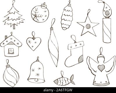 Vector hand drawn illustrations for New Year design. Set of Christmas toys in doodle style isolated on a white background. Monochrome Christmas decora Stock Vector