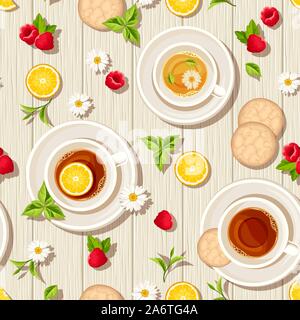 Vector seamless pattern with cups of tea, cookies, lemons, raspberries and leaves on a wooden background. Stock Vector