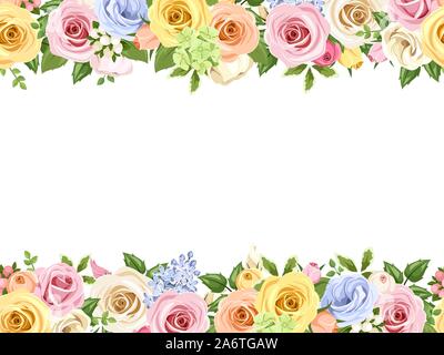 Vector horizontal seamless background with pink, blue, white, orange and yellow roses and lisianthus flowers. Stock Vector