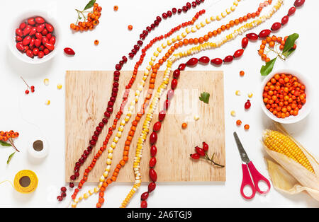 Colorful necklaces made from rose hips, fire thorn berries and corn seeds as crafts for kids. Stock Photo