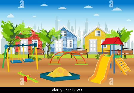 Vector of a kids playground with slides, swings and sand box in a suburban neighborhood surrounded by green trees Stock Vector