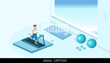 Vector of a young fit woman running on treadmill in a fitness gym Stock Vector