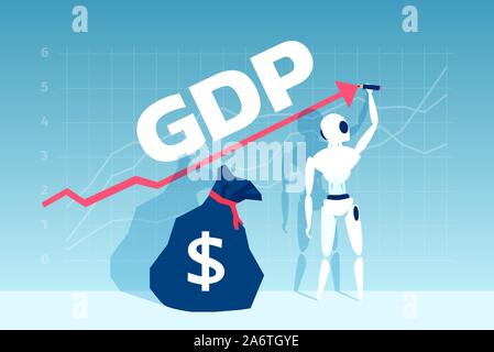 Vector of a robot drawing rising up arrow graphic standing by a dollar sack on blue background Stock Vector