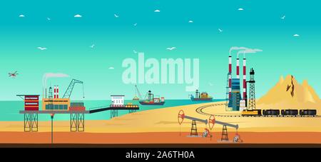 Vector of oil industry with offshore water rig drilling platform extraction, transportation, refinery plant Stock Vector