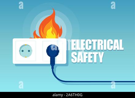 Vector of an electric faulty outlet and a plug on fire from short circuit on blue background Stock Vector