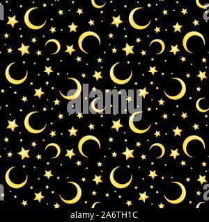 Vector seamless pattern with yellow stars and crescents on a black background. Stock Vector