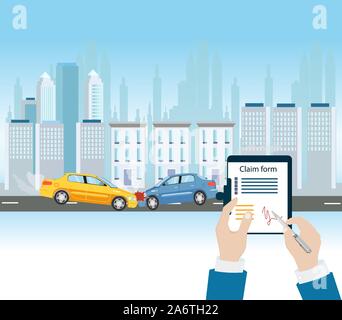 Vector of a man filling out an insurance claim form on background of two crashed car. Stock Vector